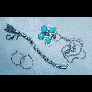 Turquoise rope and tassel 3- piece set (earrings, bracelet and necklace)